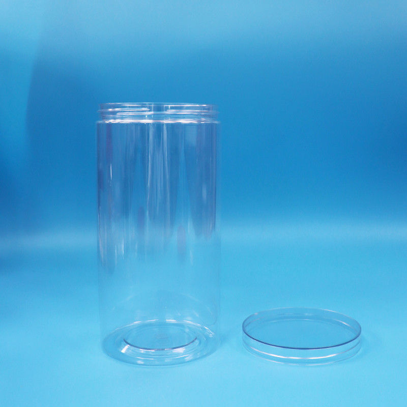 Calidad alimenticia PET transparente cilindro redondo plástico dulces galletas de comida frasco tornillo tapa clara