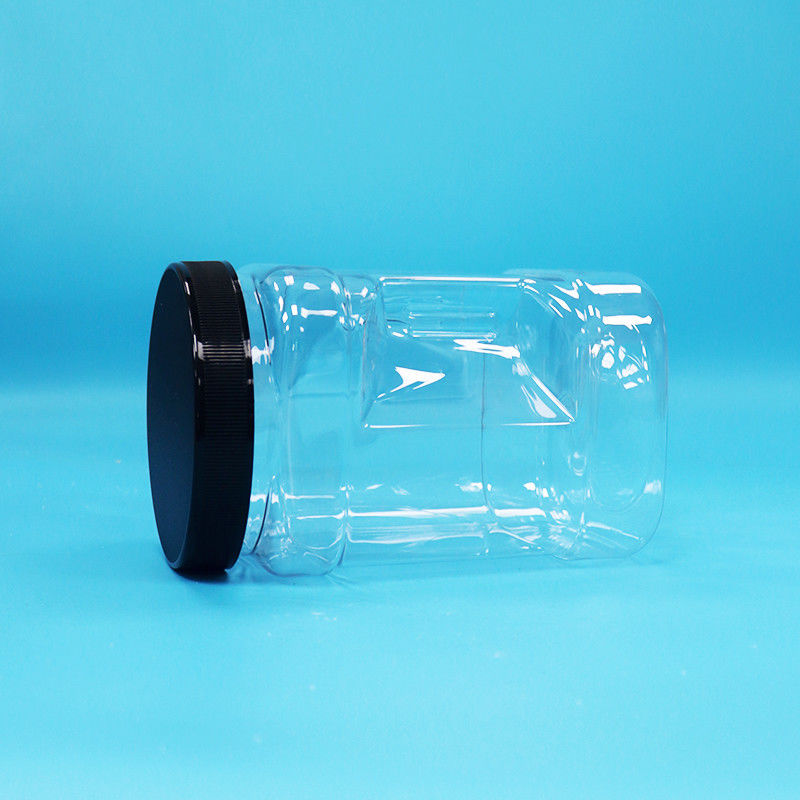 Frutas secas claras y frutos secos cuadrados PET Jarrones de plástico de agarre con tapas planas negras