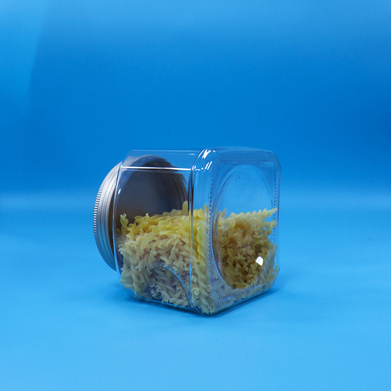 Caramelo Comida Snack Calidad alimenticia PET Forma cuadrada transparente Jar de agarre de plástico tapa de aluminio