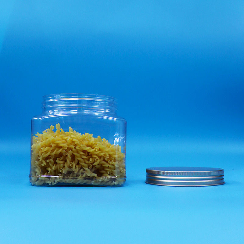 Caramelo Comida Snack Calidad alimenticia PET Forma cuadrada transparente Jar de agarre de plástico tapa de aluminio