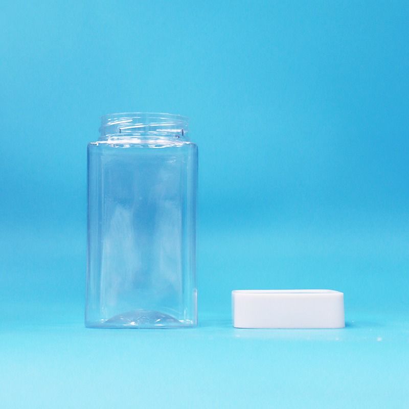 Calidad alimenticia Transparente Cuadrado Vacío PET Plástico Alimenticio Dulces Galletas de mermelada Jar tapa blanca