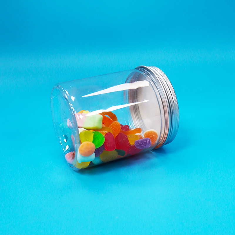 Tarro de embalaje de dulces de plástico PET transparente de boca ancha y redonda, de calidad alimentaria, con tapa de aluminio