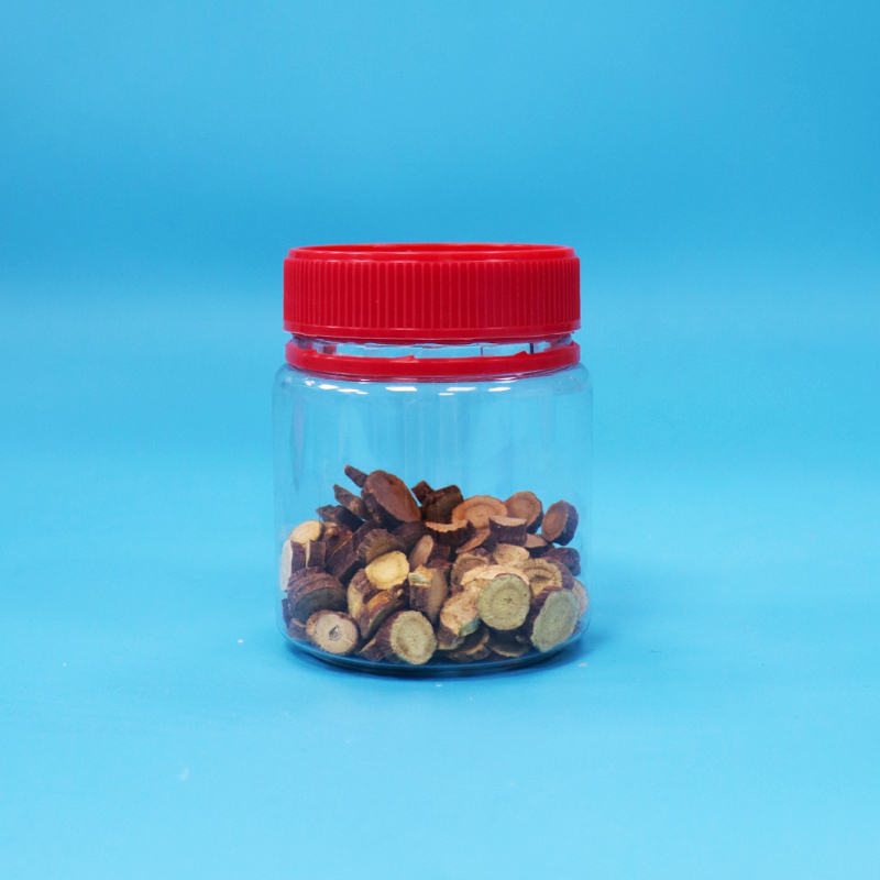 Jarrones de almacenamiento de nueces dulces de plástico PET con tapa roja transparente