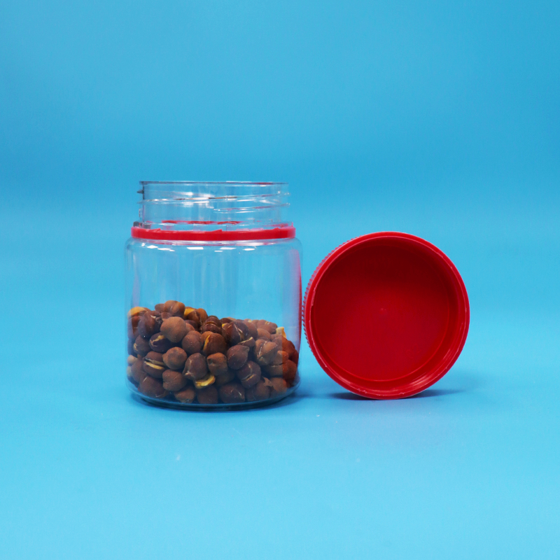 Jarrones de almacenamiento de nueces dulces de plástico PET con tapa roja transparente