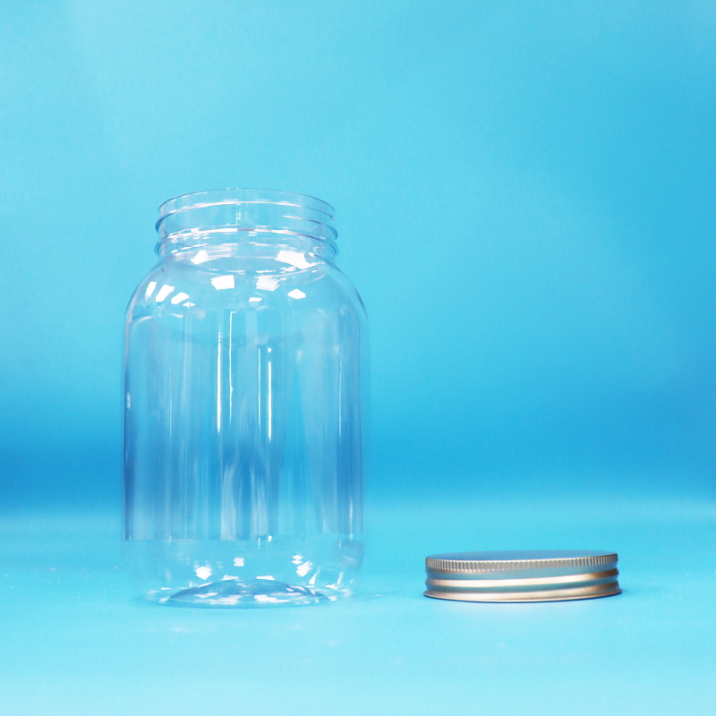 Grado alimenticio PET transparente plástico jar redondo de aluminio tornillo tapa plana para alimentos dulces nueces