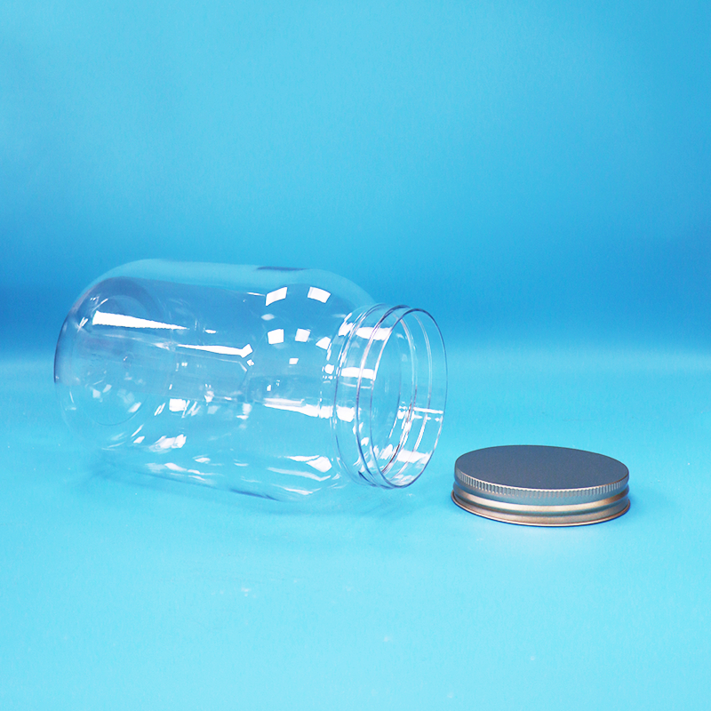 Grado alimenticio PET transparente plástico jar redondo de aluminio tornillo tapa plana para alimentos dulces nueces