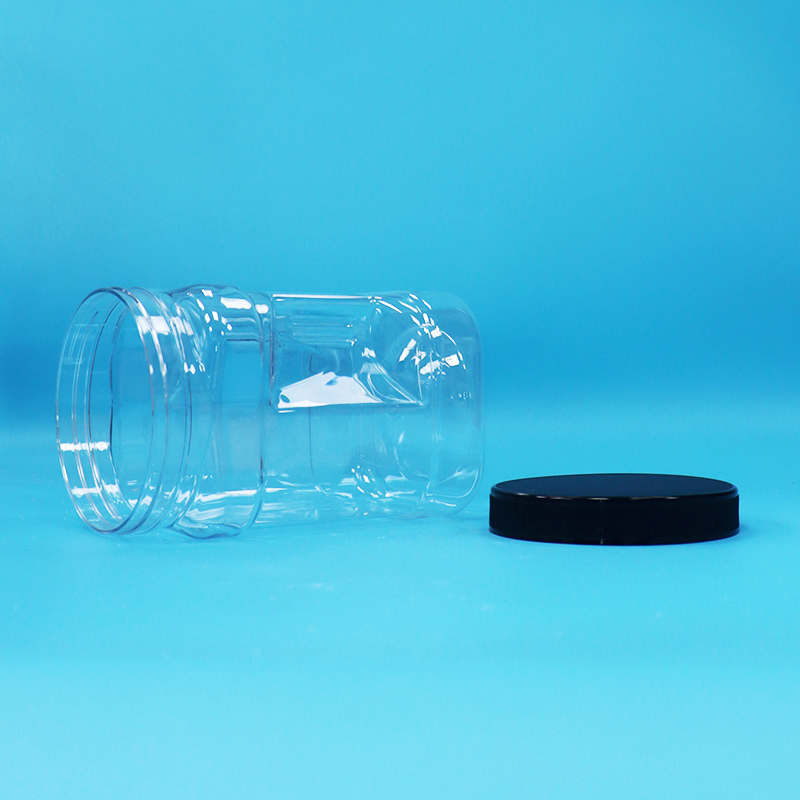 Tapa plana negra transparente de grado alimenticio para tarro de plástico PET cuadrado con agarre para alimentos y frutas deshidratadas