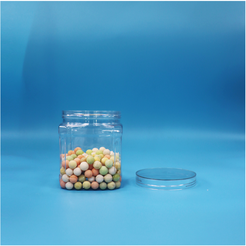 Tarro de PET transparente de forma cuadrada para fruta seca, hojuelas de coco y tiras de espino