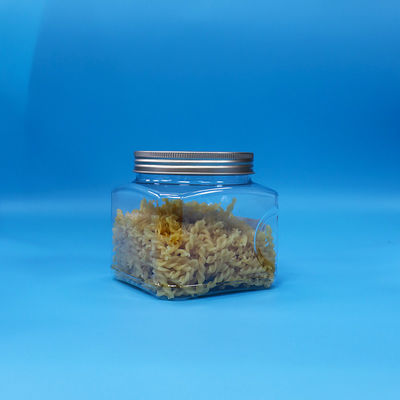 Calidad alimenticia Dulces Snack alimenticio PET Transparente Cuadrado Jar de plástico de agarre tapa de aluminio