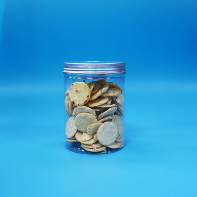 Comida personalizada dulces galletas transparentes PET plástico frascos redondos de aluminio tapas planas