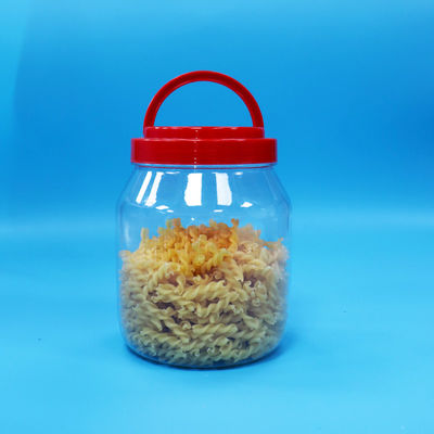 Tarro cilíndrico transparente de grado alimenticio PET de boca ancha para galletas y caramelos con tapa roja de rosca