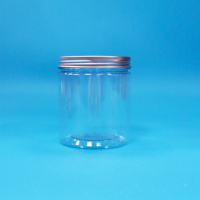 Tarro de embalaje de dulces de plástico PET transparente de boca ancha y redonda, de calidad alimentaria, con tapa de aluminio
