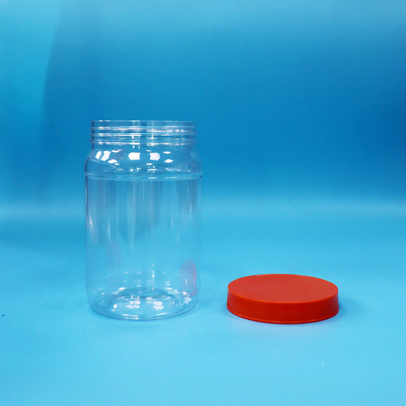 Transparente PET plástico redondo alimentos dulces galletas de embalaje Jar color rojo tapa de tornillo