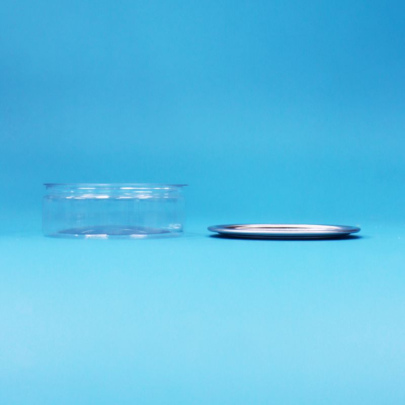 Bote redondo de plástico PET con tapa de apertura fácil de hojalata para envasado de alimentos, caramelos, galletas y aperitivos