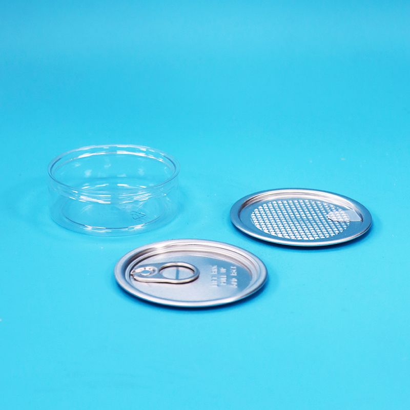 Bote redondo de plástico PET con tapa de apertura fácil de hojalata para envasado de alimentos, caramelos, galletas y aperitivos