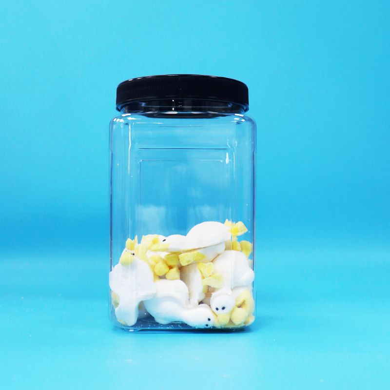 Jarrones de plástico PET transparentes de forma cuadrada con tapa negra para bebés