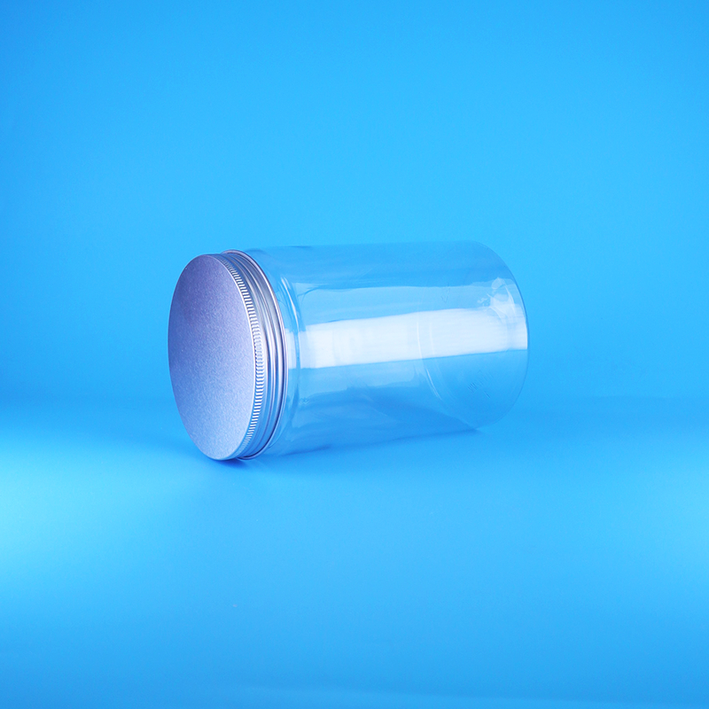 Tarro redondo alto transparente de plástico PET de boca ancha para alimentos, dulces y frutos secos, con tapa plana de rosca