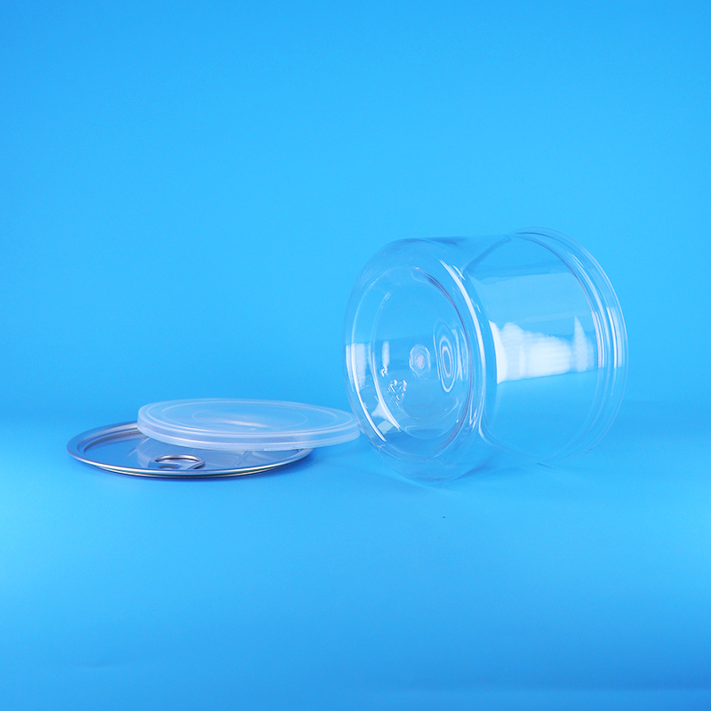 Lata redonda de PET transparente con tapa fácil de abrir para alimentos, caramelos, galletas, aperitivos y té