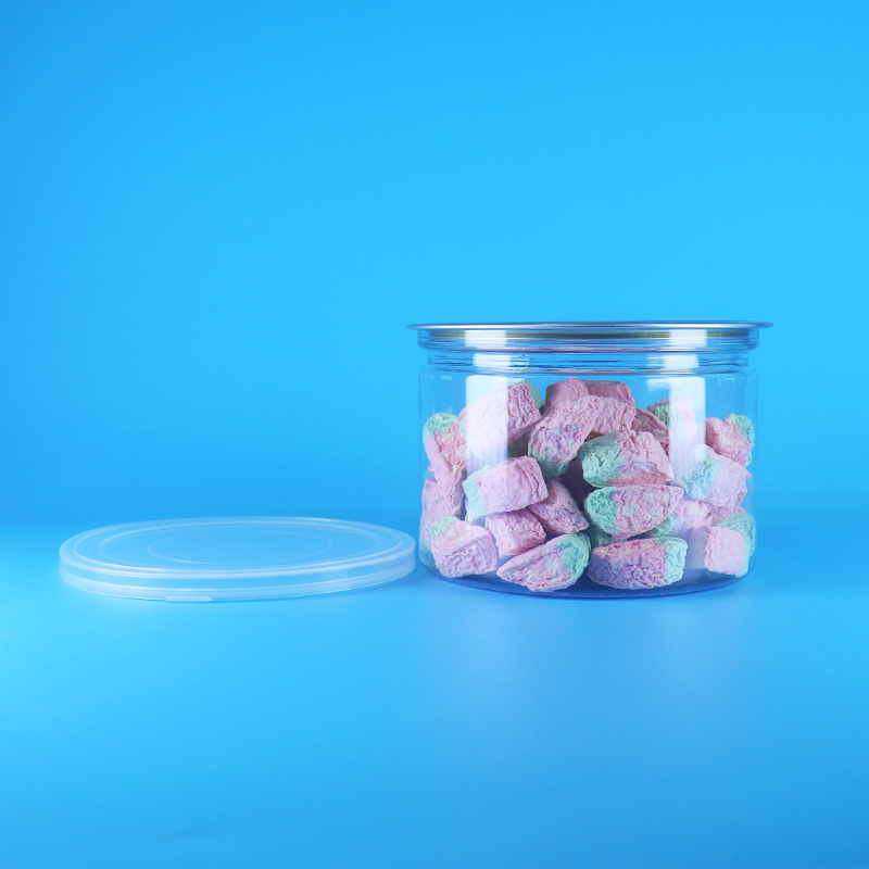Lata redonda de PET transparente con tapa fácil de abrir para alimentos, caramelos, galletas, aperitivos y té