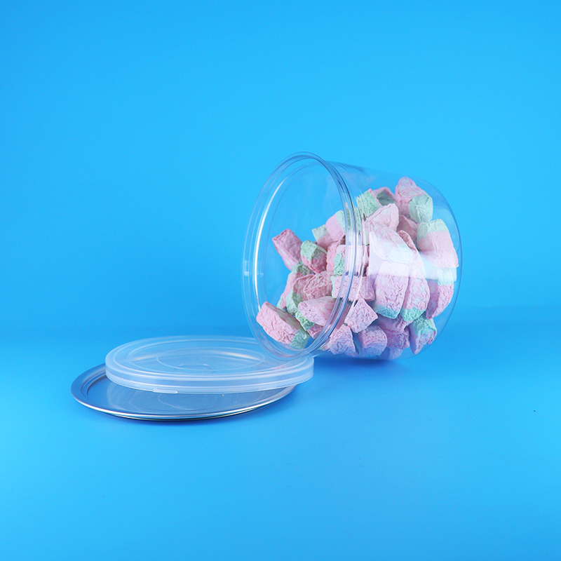 Lata redonda de PET transparente con tapa fácil de abrir para alimentos, caramelos, galletas, aperitivos y té