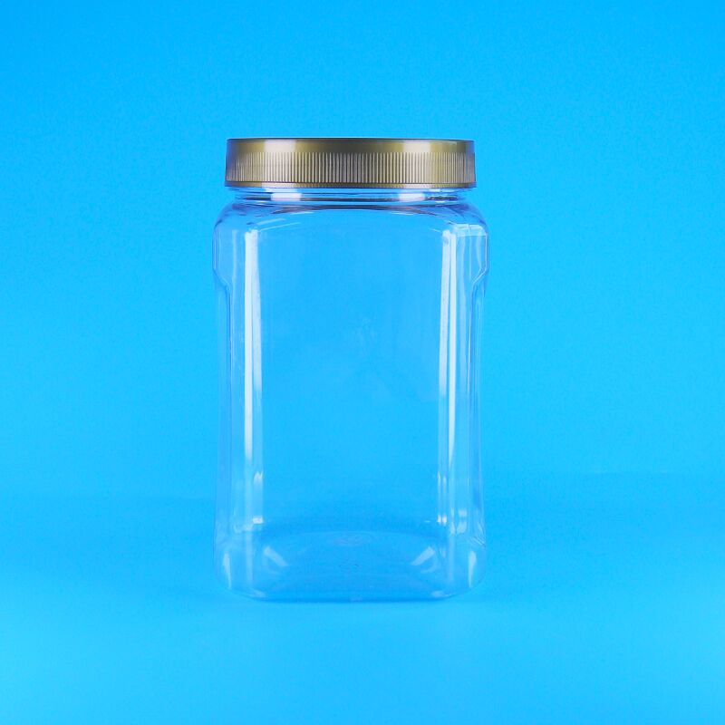 PET de forma cuadrada transparente tapa marrón plástico de grado alimenticio galletas almendras Frutas secas Jar