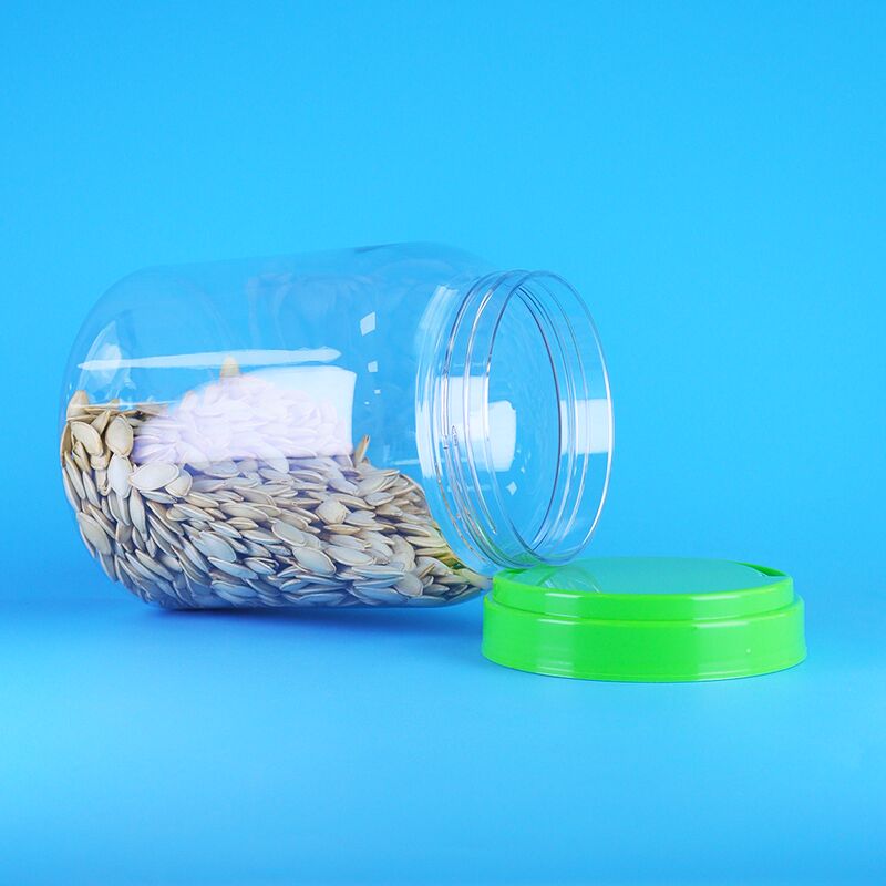 Tarro de plástico redondo PET para alimentos con tapa plana de rosca, transparente, para café, caramelos y alimentos deshidratados