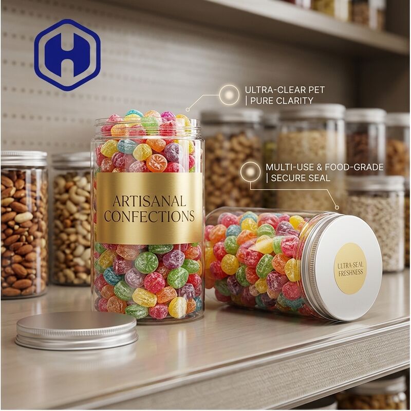 Calidad alimenticia PET transparente Aluminio Jarrones de tapa Perfecto para galletas de chocolate dulces fácil confiable