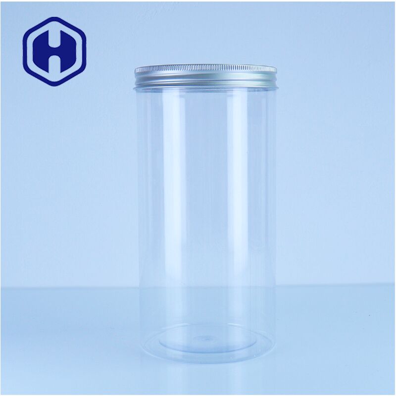 Vidrio de plástico transparente de alta calidad tapa de aluminio para almacenar galletas nueces dulces de grado alimenticio fácil verter