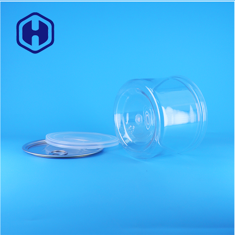 Lata redonda de PET transparente con tapa fácil de abrir para alimentos, caramelos, galletas, aperitivos y té