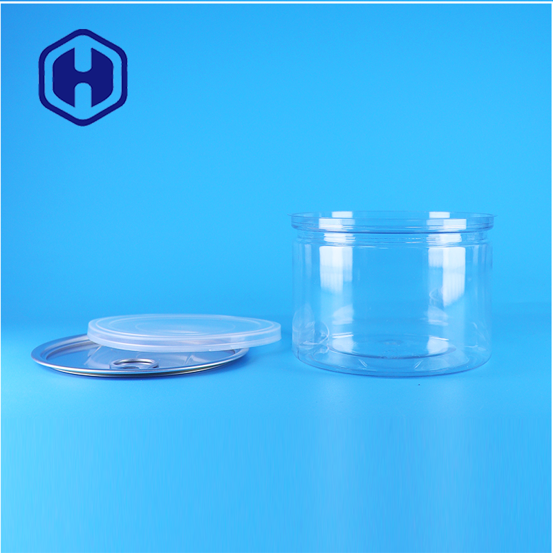 Lata redonda de PET transparente con tapa fácil de abrir para alimentos, caramelos, galletas, aperitivos y té