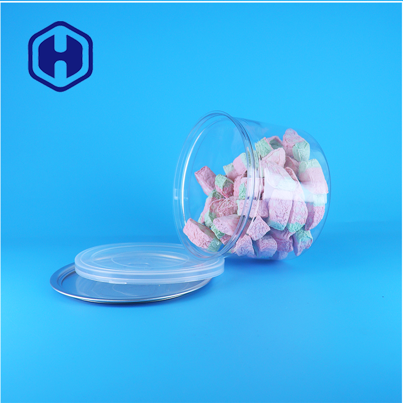 Lata redonda de PET transparente con tapa fácil de abrir para alimentos, caramelos, galletas, aperitivos y té