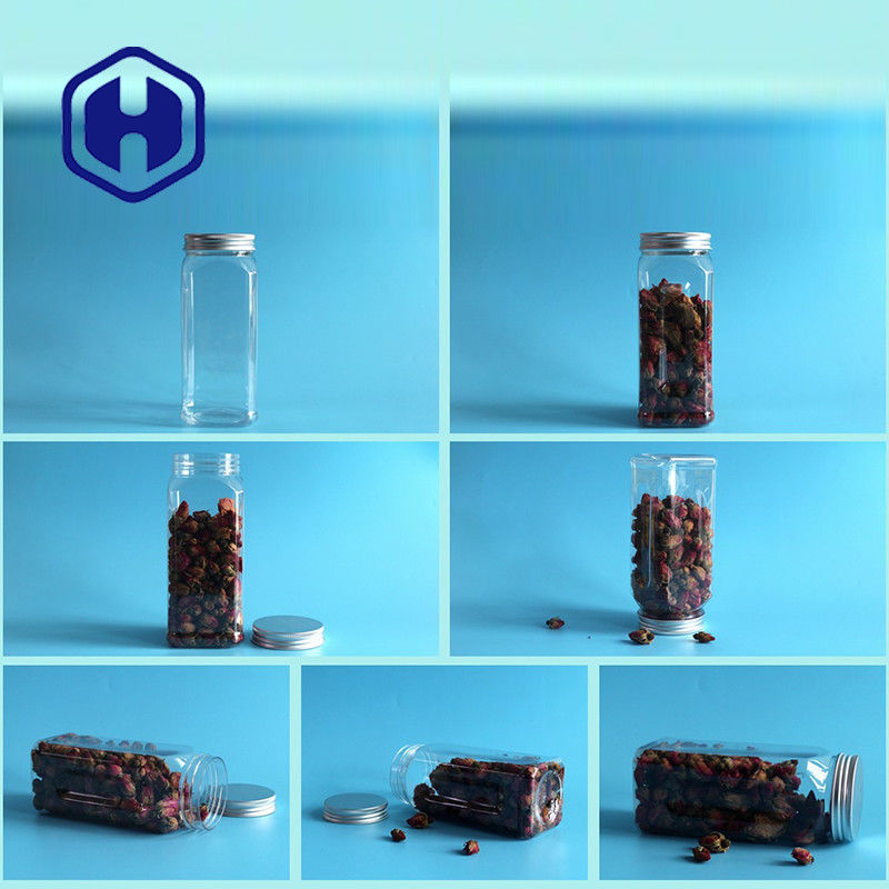 tarro plástico del ANIMAL DOMÉSTICO del cuadrado 580ml para el tapón de tuerca de aluminio vacío de la boca ancha hermética de la comida